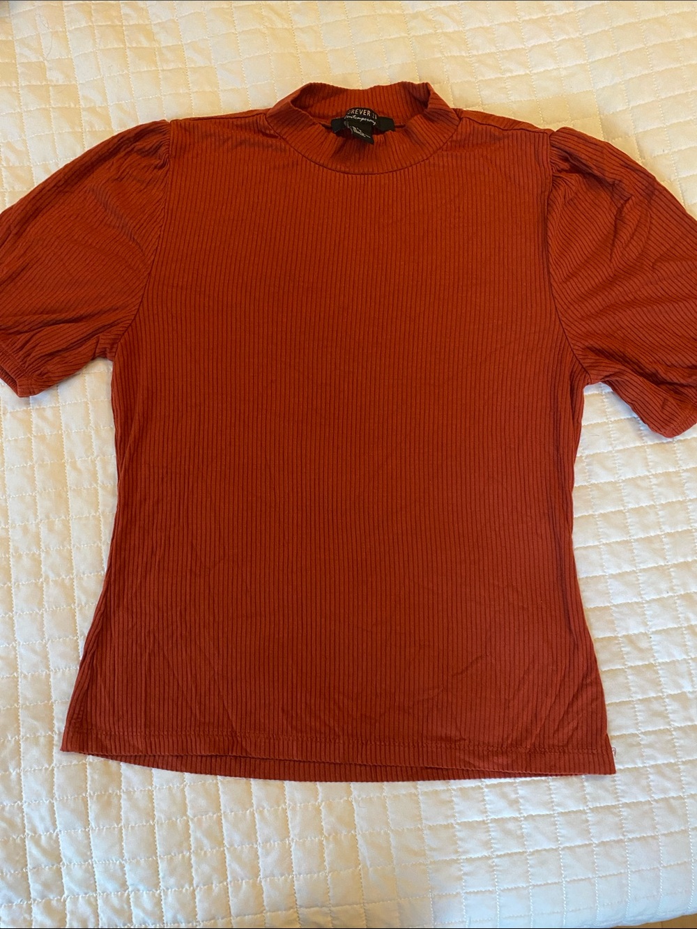 Forever 21 Rusty Orange Ribbed Puff Sleeve Tee